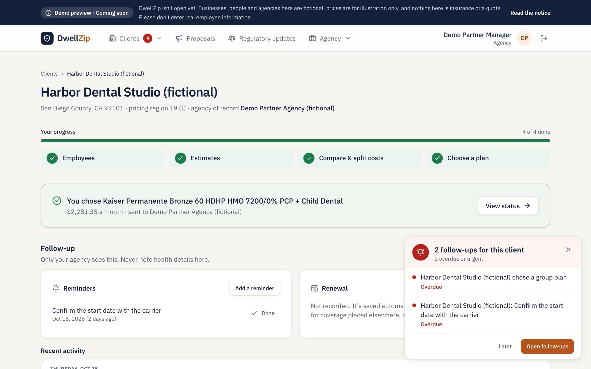 Follow-ups find you: Open a client and anything overdue pops up, with a link to act on it.