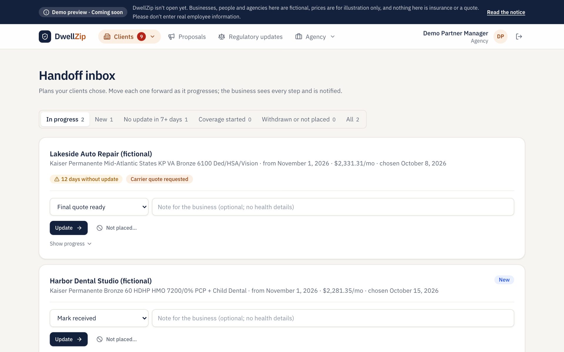 Every choice in one inbox: Plan and ICHRA choices from your clients arrive here; record each step through to coverage.