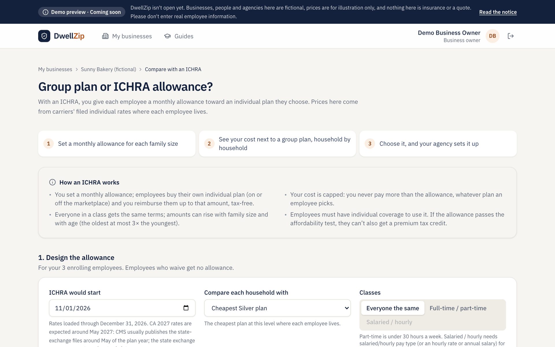 Group plan or ICHRA allowance: Compare a group plan with a fixed monthly allowance toward individual plans, household by household, with the affordability test shown.