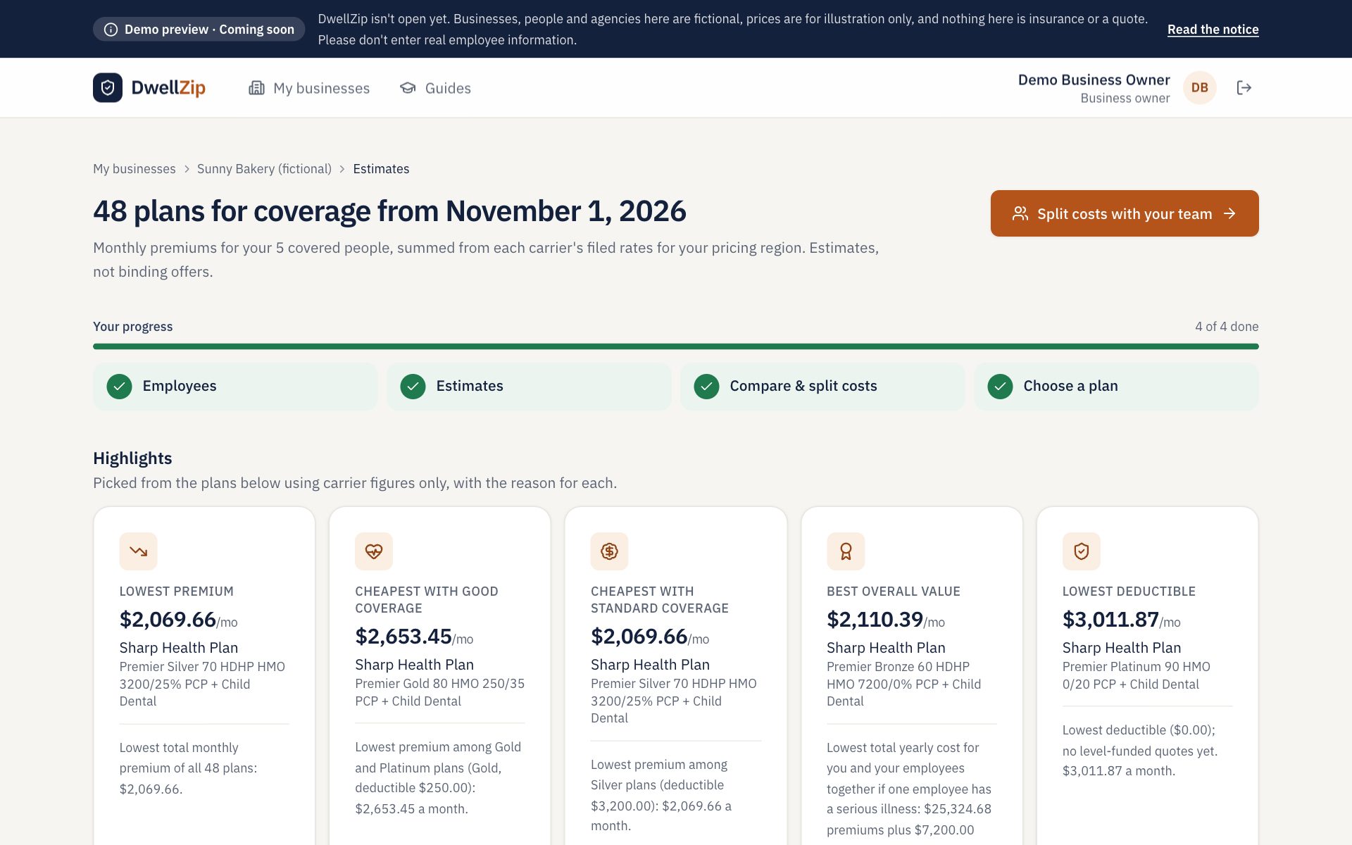 Every plan near you: Each plan from each carrier in your county, priced for your team, grouped from lower premiums to richer coverage.